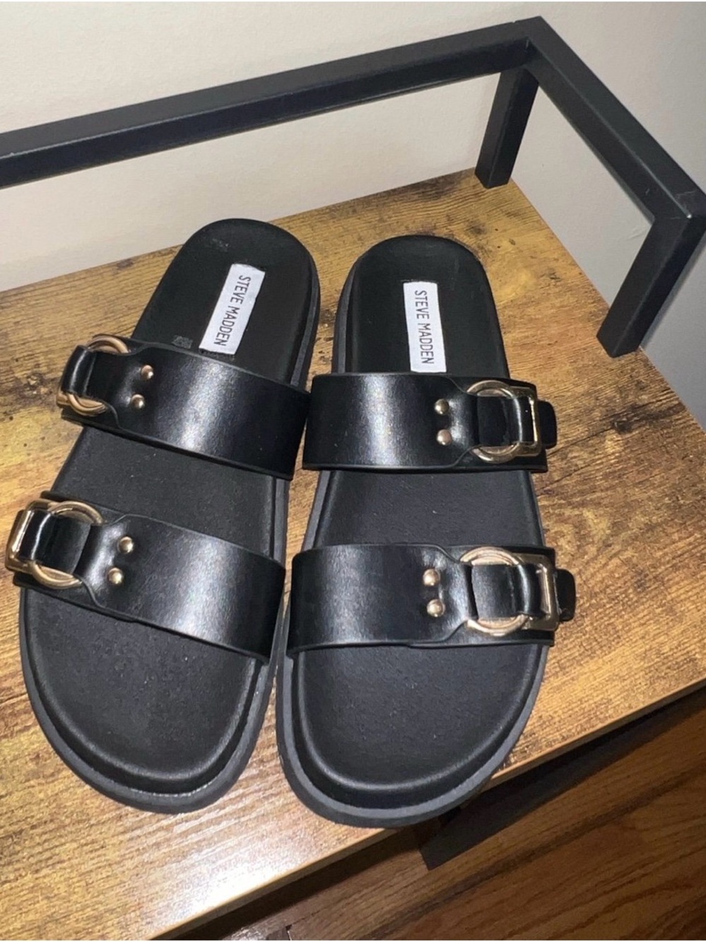 Steve Madden Black Slide Sandals with Gold Buckles - Picture 2 of 4